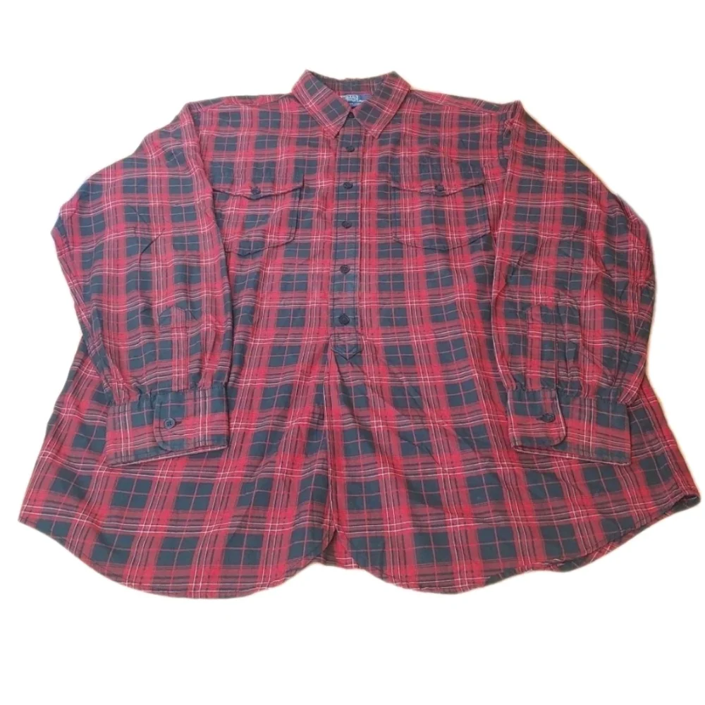Polo Ralph Lauren Woodsman Workshirt Large Red Plaid Woven Cotton Button Vtg 90s